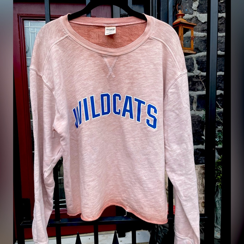 PINK Brand UK KENTUCKY WILDCATS Ombre Crew Neck Sweatshirt Raw Hem Tan Sz M